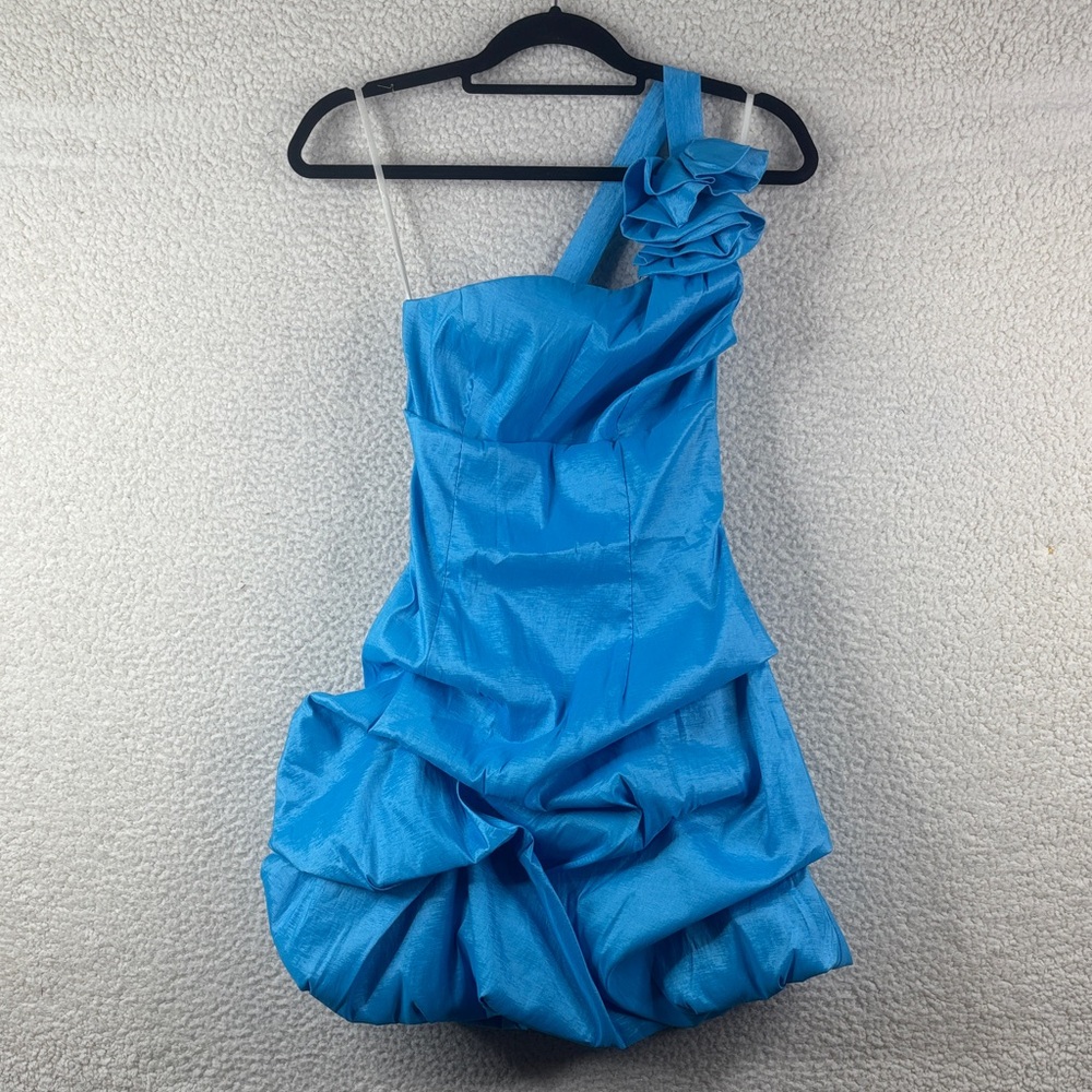 Jessica McClintock Womens Turquoise Bubble Hem One Shoulder Mini Dress Size 4
